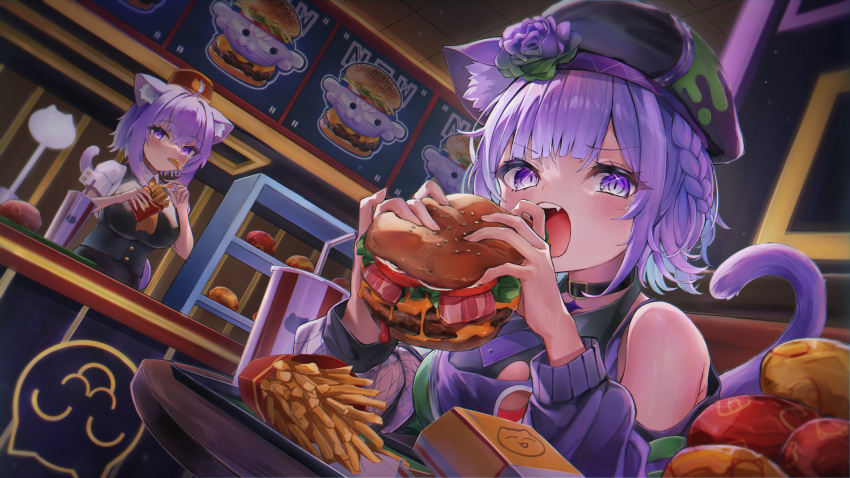 1girl, ahoge, animal_ear_fluff, animal_ears, asymmetrical_sleeves, bare_shoulders, beret, black_choker, black_headwear, black_shirt, black_vest, braid, burger, cat_ears, cat_girl, cat_tail, choker, clothing_cutout, collared_shirt, commentary_request, crossed_bangs, cup, disposable_cup, double-parted_bangs, eating, fang, fanged_bangs, flower, food, food_in_mouth, french_braid, french_fries, green_jacket, hair_between_eyes, hair_flower, hair_ornament, half_updo, hat, highres, holding, holding_food, hololive, indoors, jacket, long_sleeves, looking_at_viewer, mismatched_sleeves, multicolored_clothes, multicolored_jacket, multiple_persona, necktie, nekomata_okayu, nekomata_okayu_(poisonya_syndrome), nishiro_hato, official_alternate_costume, open_mouth, puffy_short_sleeves, puffy_sleeves, purple_flower, purple_hair, purple_jacket, purple_rose, red_headwear, restaurant, rose, shirt, short_sleeves, sitting, sleeve_cuffs, standing, table, tail, teeth, two-tone_jacket, upper_teeth_only, variations, vest, violet_eyes, virtual_youtuber, white_shirt, wooden_table, yellow_necktie