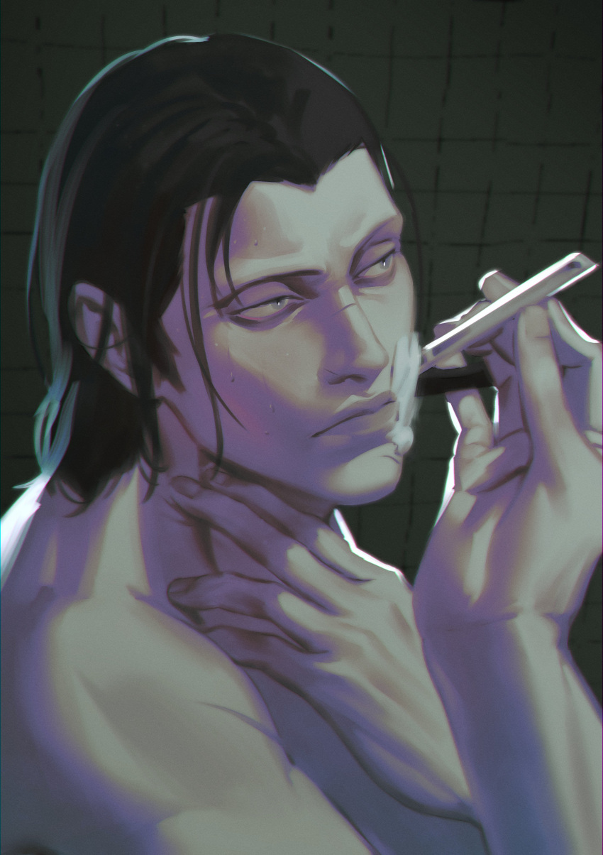 1boy, 9gu_84, absurdres, black_hair, highres, holding_razor, male_focus, mature_male