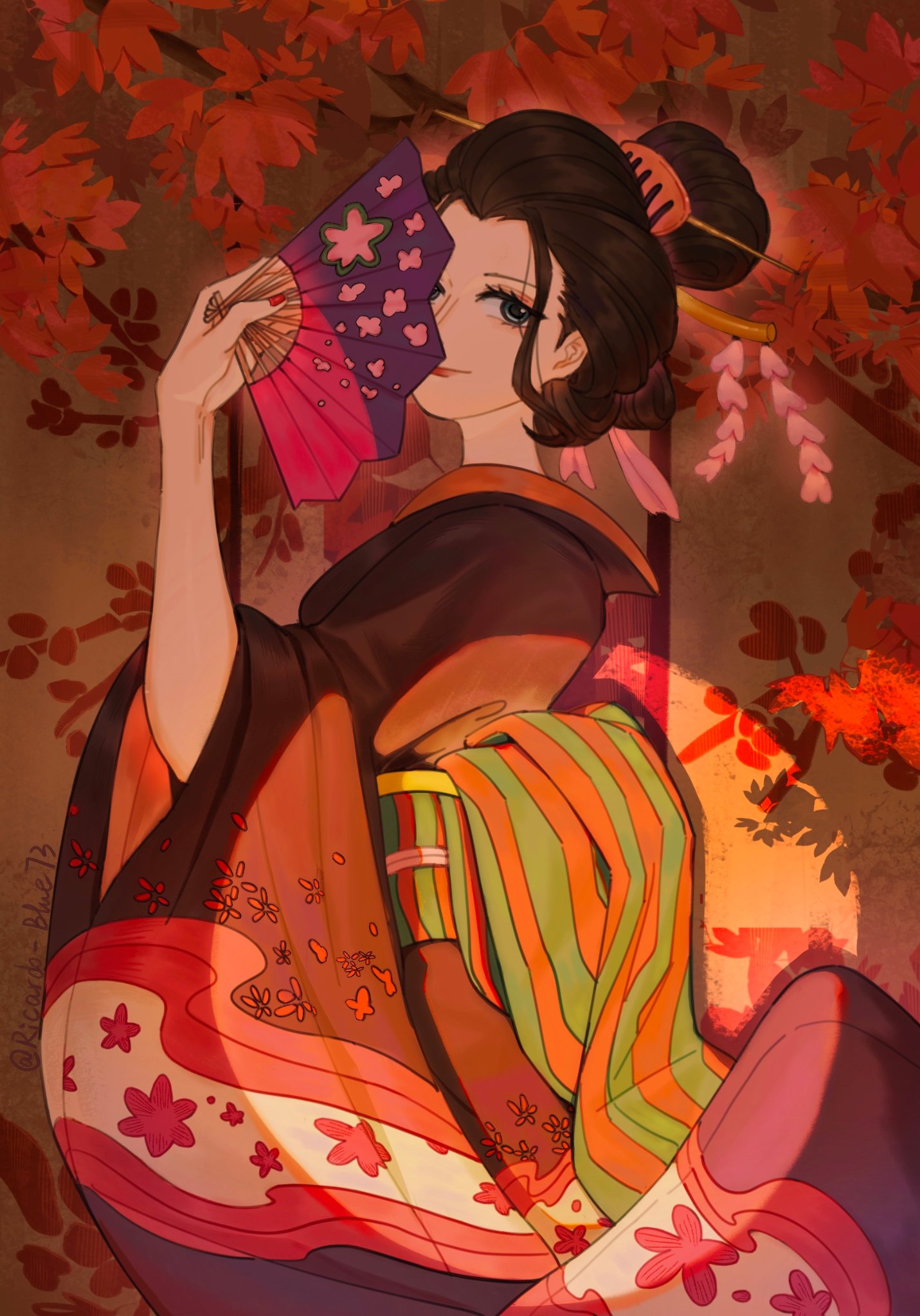 1girl, black_hair, blue_eyes, commentary, eyeshadow, floral_print, geisha, hair_ornament