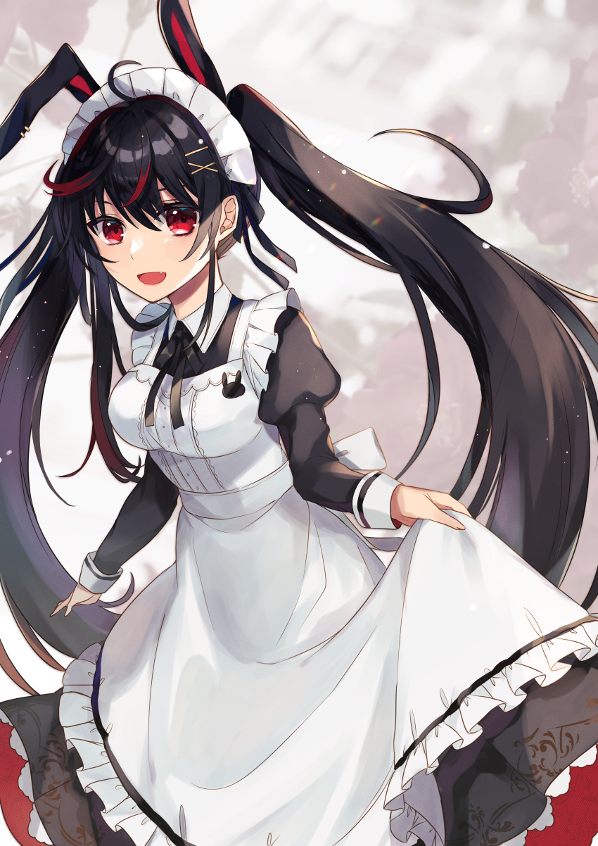 1girl, absurdres, animal_ears, apron, black_hair, collared_dress, dress, hair_ornament, hairclip, highres, ichimishiyu, juliet_sleeves, long_hair, long_sleeves, looking_at_viewer, maid, maid_headdress, multicolored_hair, neck_ribbon, open_mouth, original, puffy_sleeves, rabbit_ears, rabbit_girl, red_eyes, redhead, ribbon, skirt_hold, smile, solo, twintails, very_long_hair, x_hair_ornament