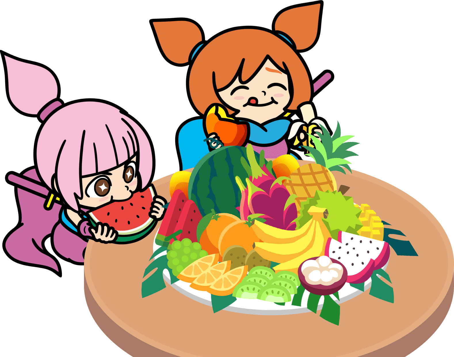2girls, ana_(warioware), banana, double_bun, dragon_fruit, dragon_fruit_slice, eating, food