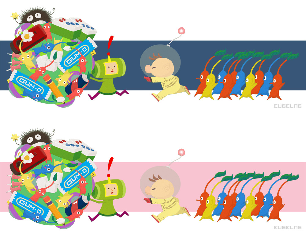 2boys, artist_name, battery, big_nose, black_eyes, blue_background, blue_pikmin, blue_skin