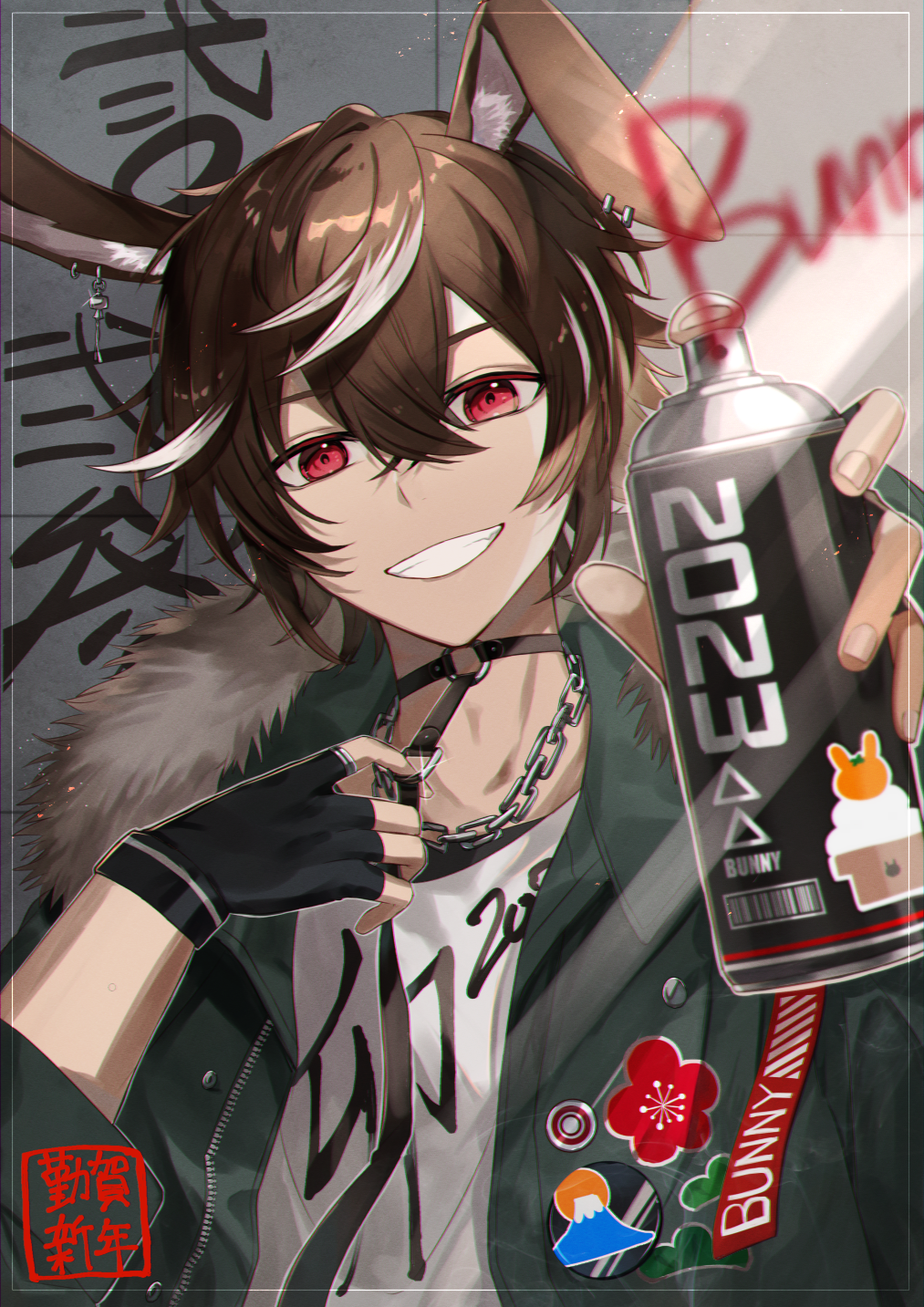 1boy, 2023, animal_ears, brown_hair, chain_necklace, chinese_zodiac, choker, ear_piercing