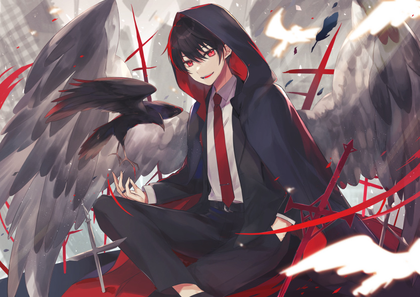 1boy, animal, belt, bird, black_hair, cloak, collared_shirt, crow