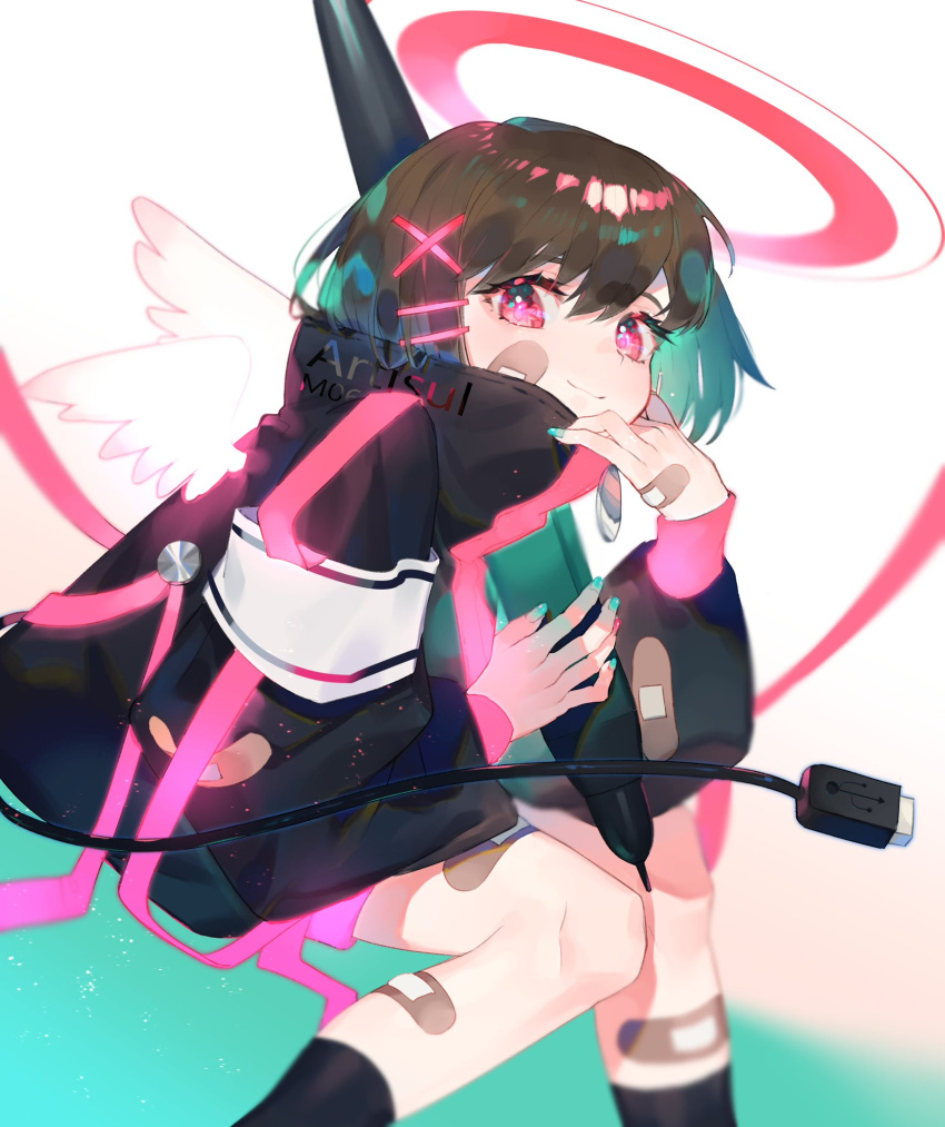 1girl, aqua_nails, artisul, bandaid, bandaid_on_arm, bandaid_on_hand, bandaid_on_leg, black_jacket