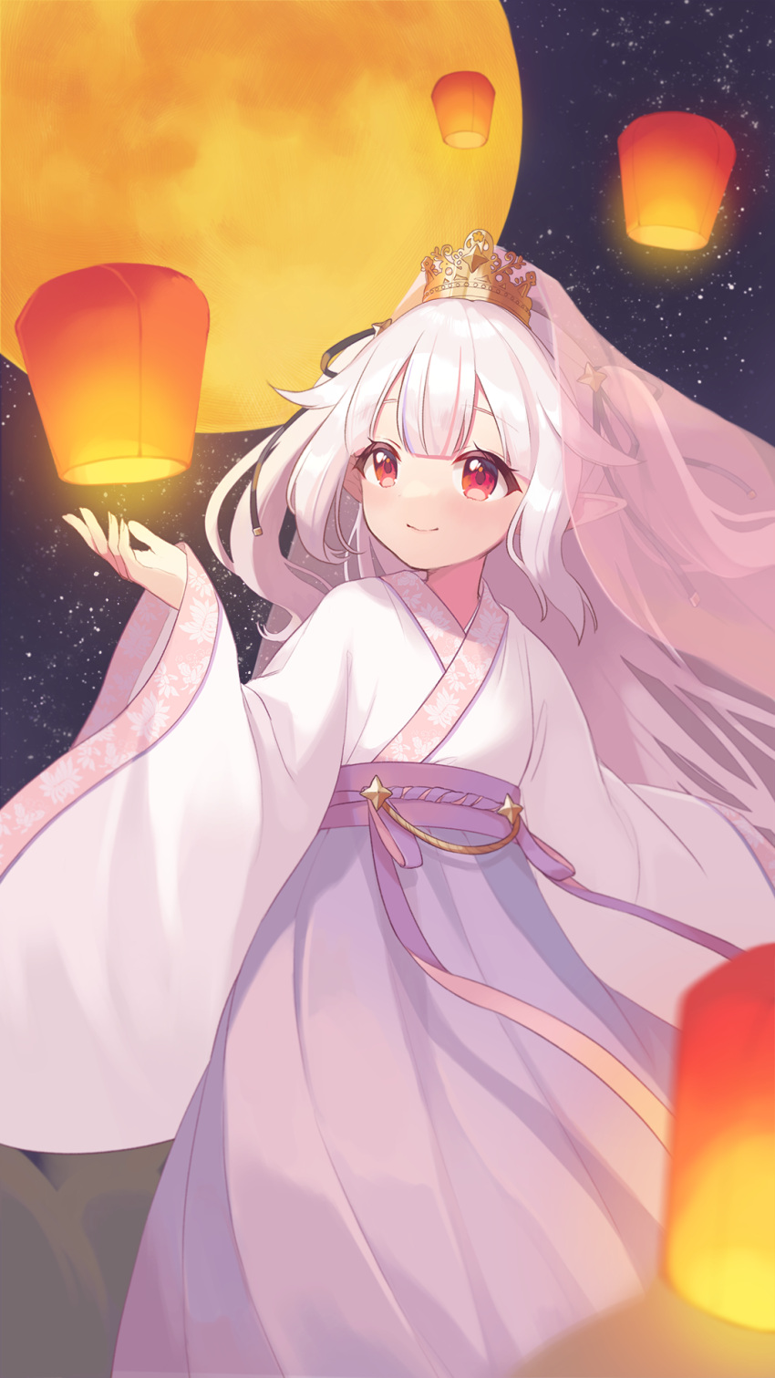 1girl, clothing_request, crown, full_moon, hair_ribbon, highres, kamogawa_akira, lantern