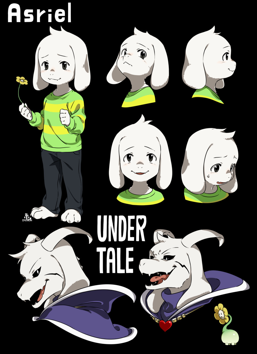 >:), 2boys, absurdres, animal_ears, asriel_dreemurr, asriel_dreemurr_(god_of_hyperdeath), barefoot, black_background, black_eyes, black_sclera, caprine, cel_shading, character_name, child, colored_sclera, commentary, copyright_name, cropped_head, dual_persona, evil_smile, expressions, facial_mark, fangs, fewer_digits, floppy_ears, flower, flowey_(undertale), from_side, frown, full_body, furry, furry_male, goat, goat_boy, goat_ears, goat_horns, green_shirt, highres, holding, holding_flower, horns, kamezaemon, long_sleeves, looking_at_viewer, male, male_focus, monster, monster_boy, multiple_boys, multiple_views, open_mouth, shirt, simple_background, skin_fangs, slit_pupils, smile, standing, striped_clothes, striped_shirt, sweatdrop, tareme, undertale, utdr_(toby_fox), v-shaped_eyebrows, white_eyes, white_fur, white_horns, yellow_flower