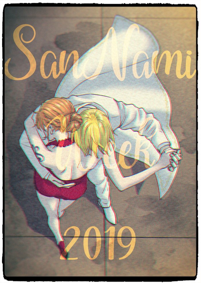 1boy, 1girl, 2019, arm_tattoo, blonde_hair, character_name, commentary_request, dancing, dress, english_text, formal, hair_bun, high_heels, kuri_(pienu), nami_(one_piece), one_piece, orange_hair, red_dress, red_footwear, sanji_(one_piece), short_hair, sleeveless, sleeveless_dress, suit, tattoo