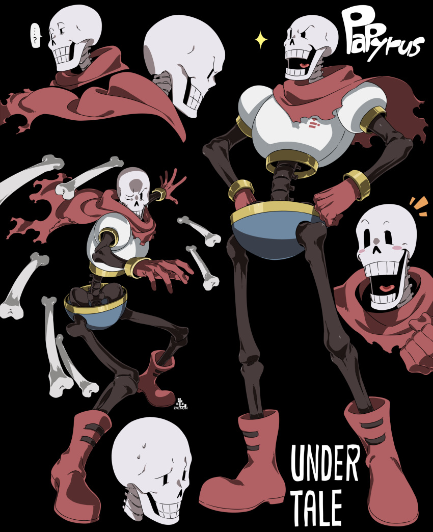 ..., 1boy, ?, absurdres, ankle_boots, black_background, blush_stickers, bone