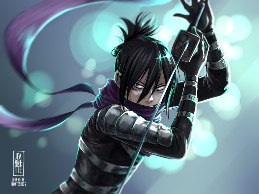 1boy, artist_name, black_bodysuit, black_hair, blue_eyes, bodysuit, commentary, english_commentary