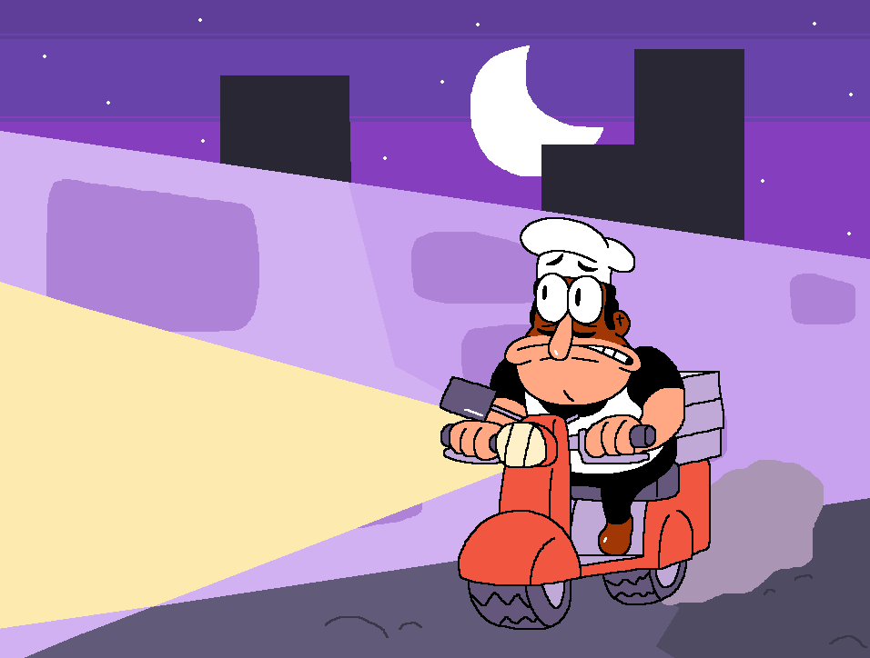 2boys, ?_block, animated, animated_gif, baseball_cap, black_hair, black_headwear, black_jacket, black_pants, black_shirt, brown_footwear, brown_hair, captain-jurgh, chef_hat, clenched_teeth, commentary, crash, crescent_moon, crossover, english_commentary, facial_hair, full_body, go-kart, hat, headlight, jacket, jumping, light, long_nose, looking_at_another, looking_to_the_side, looping_animation, male_focus, mcpig_(style), moon, motor_vehicle, motorized_scooter, multiple_boys, mustache, night, outdoors, pants, peppino_spaghetti, pizza_box, pizza_tower, riding_scooter, shirt, short_hair, short_sleeves, smoke, solo_focus, tank_top, teeth, trash_can, uneven_eyes, v-shaped_eyebrows, vinesauce, vinny_(vinesauce), white_tank_top