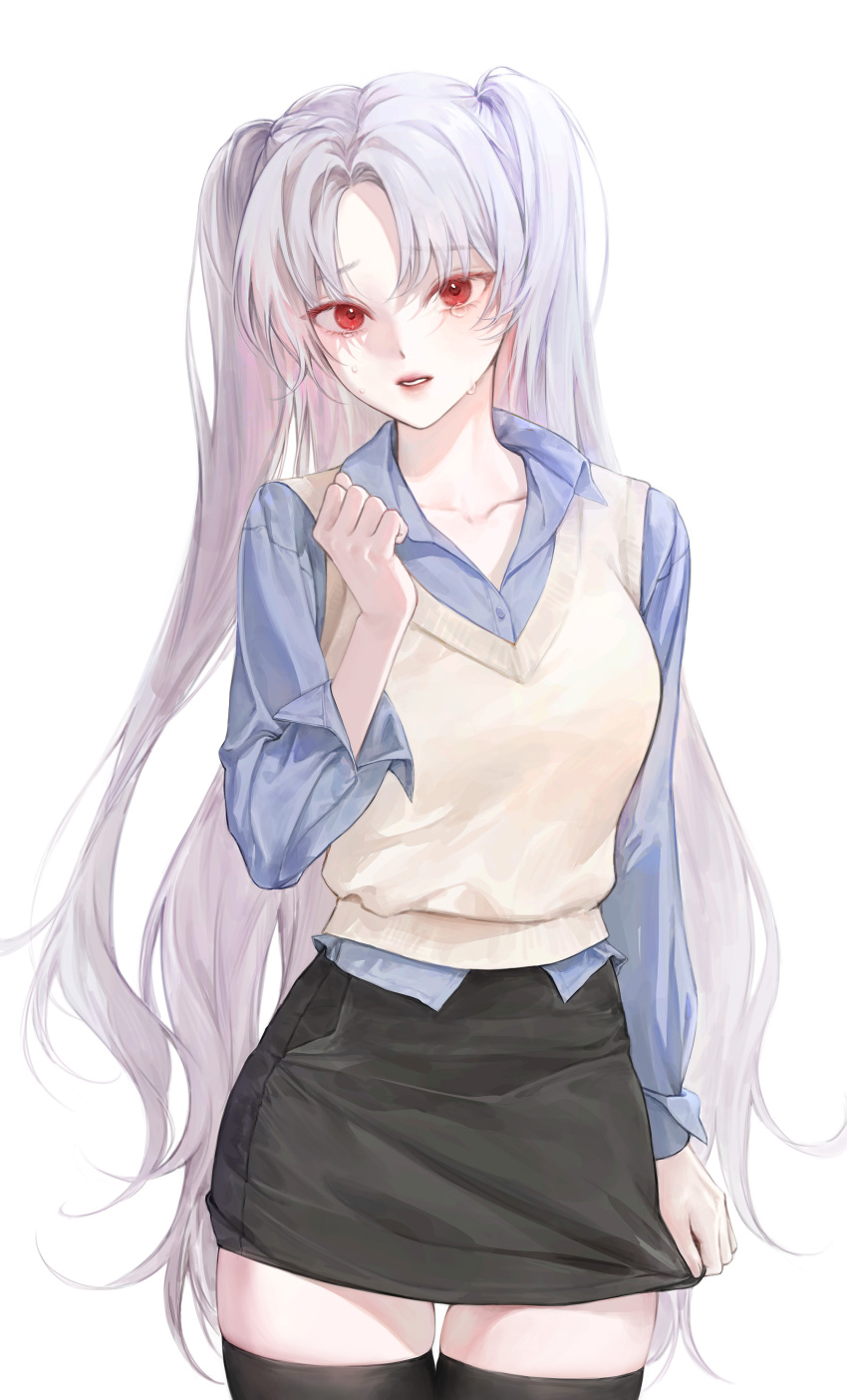 1girl, absurdres, black_skirt, black_thighhighs, blue_shirt, breasts, collared_shirt, commentary