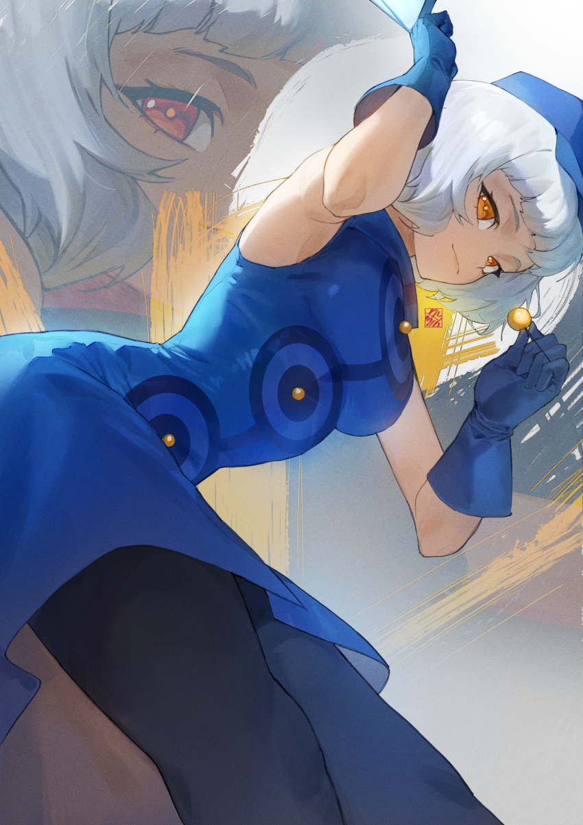 1girl, absurdres, blue_headwear, candy, elizabeth_(persona), food, grey_hair, hat