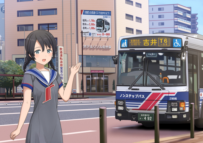 1girl, black_hair, blue_eyes, blue_sailor_collar, blush, braid, building, bus