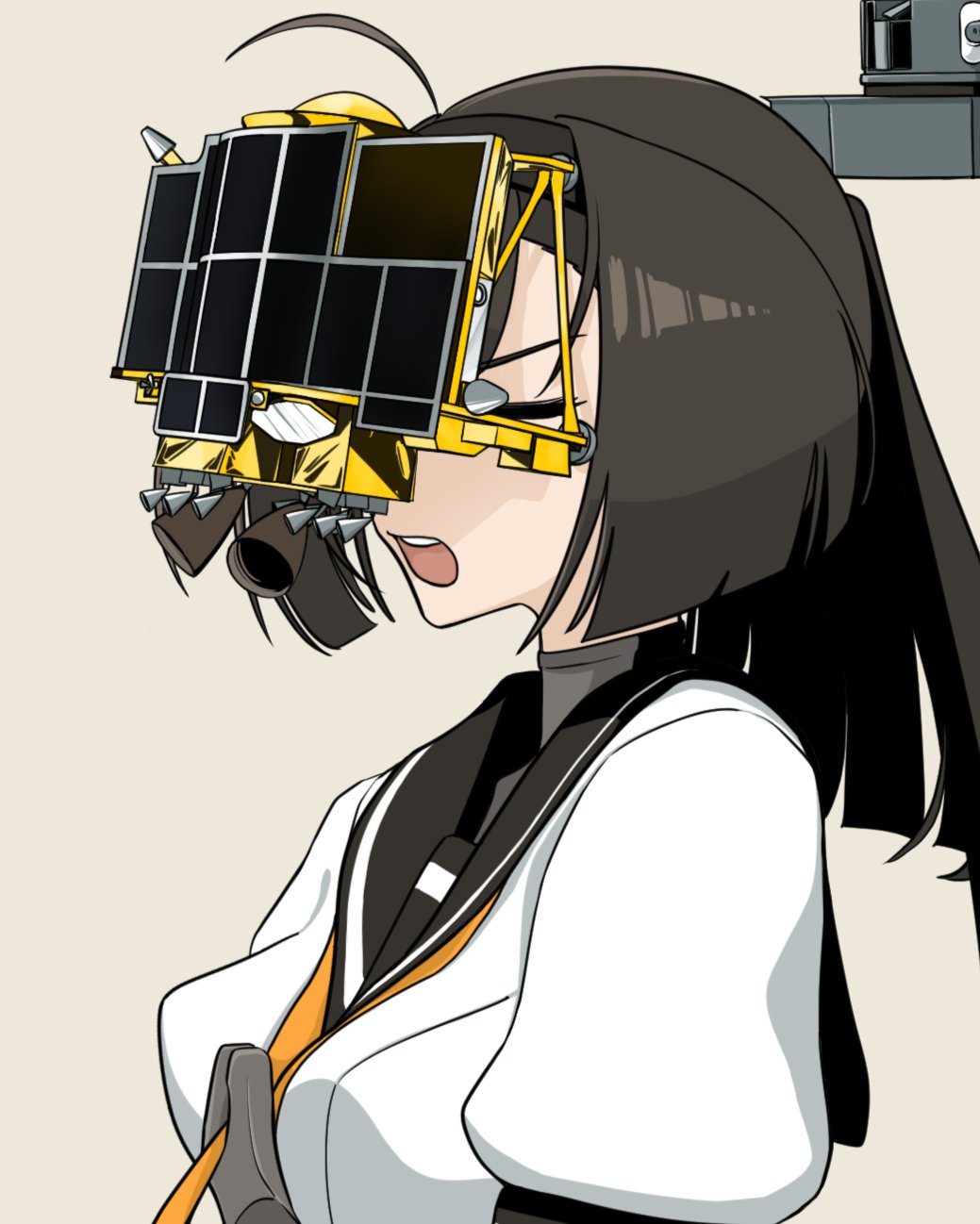 1girl, ahoge, akizuki_(kancolle), black_hair, black_headband, black_sailor_collar, breasts, closed_eyes