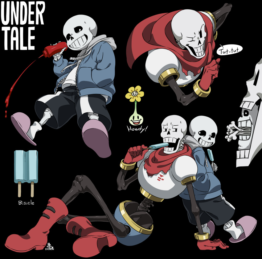 2boys, alien_(series), ankle_boots, arm_support, back-to-back, black_background, black_sclera, black_shorts, blue_jacket, bone, boots, bottle, brothers, cape, cel_shading, colored_sclera, commentary, copyright_name, cropped_torso, drawstring, flower, flowey_(undertale), food, from_side, full_body, gloves, grin, hand_in_pocket, highres, holding, holding_bottle, holding_food, holding_popsicle, hood, hood_down, hooded_jacket, index_finger_raised, jacket, kamezaemon, ketchup_bottle, knee_up, looking_at_another, looking_at_viewer, male_focus, multiple_boys, multiple_views, one_eye_closed, open_clothes, open_jacket, open_mouth, papyrus_(undertale), pink_footwear, popsicle, reclining, red_cape, red_footwear, red_gloves, sans_(undertale), shirt, shorts, siblings, simple_background, sitting, skeleton, slippers, smile, socks, speech_bubble, torn_cape, torn_clothes, undertale, white_eyes, white_shirt, white_socks, xenomorph, yellow_flower