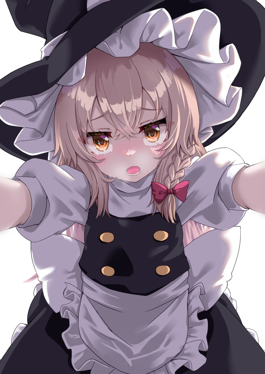 1girl, absurdres, apron, arms_up, black_skirt, black_vest, blonde_hair, blush