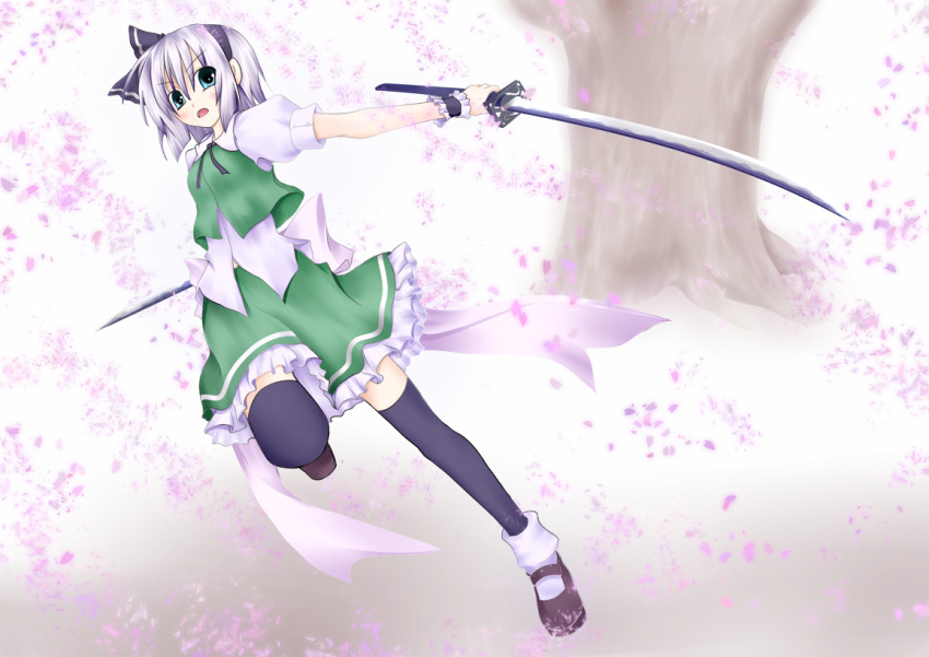 black_thighhighs, blue_eyes, cherry_blossoms, dual_wielding, fromage_tart, furomaaju_(fromage), hairband, katana