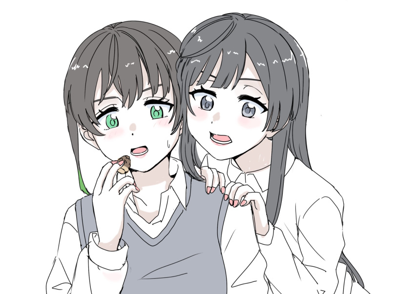 2girls, black_hair, collared_shirt, food, green_eyes, green_hair, grey_eyes, grey_vest