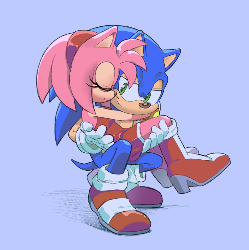 1boy, 1girl, amy_rose, animal_ears, blue_fur, boots, carrying, closed_eyes