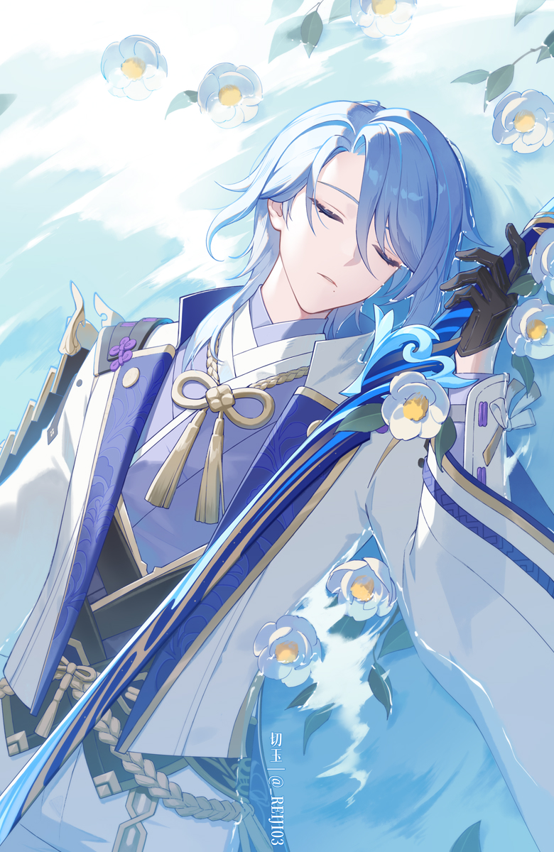 1boy, arm_guards, armor, artist_name, black_gloves, blue_hair, camellia, closed_eyes, commentary_request, eyelashes, flower, flower_on_liquid, genshin_impact, gloves, gold_trim, hair_between_eyes, hair_over_shoulder, half_gloves, hand_up, haran_geppaku_futsu_(genshin_impact), highres, holding, holding_sword, holding_weapon, jacket, japanese_armor, japanese_clothes, kamisato_ayato, kimono, lapels, leaf, long_sleeves, lying, male_focus, medium_hair, mole, mole_under_eye, on_back, open_clothes, open_jacket, parted_bangs, parted_lips, partially_submerged, purple_kimono, rj_(lingshih10), rope, shoulder_armor, single_sode, sode, solo, swept_bangs, sword, tassel, twitter_username, water, weapon, white_flower, white_jacket, wide_sleeves