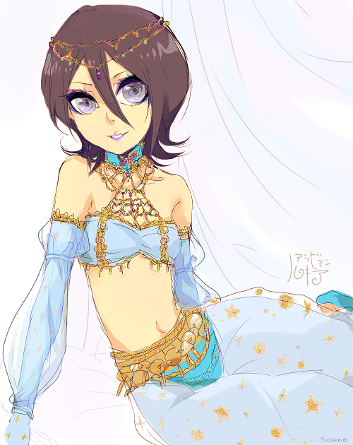 arm_support, bandeau, bleach, brown_hair, choker, detached_sleeves, harem_outfit, kuchiki_rukia, midriff, purple_eyes, see-through, short_hair, sitting, smile, solo, souno_kazuki, violet_eyes