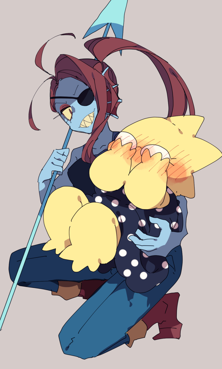 >:), 2girls, alphys, ankle_boots, antenna_hair, blue_dress, blue_skin, blush