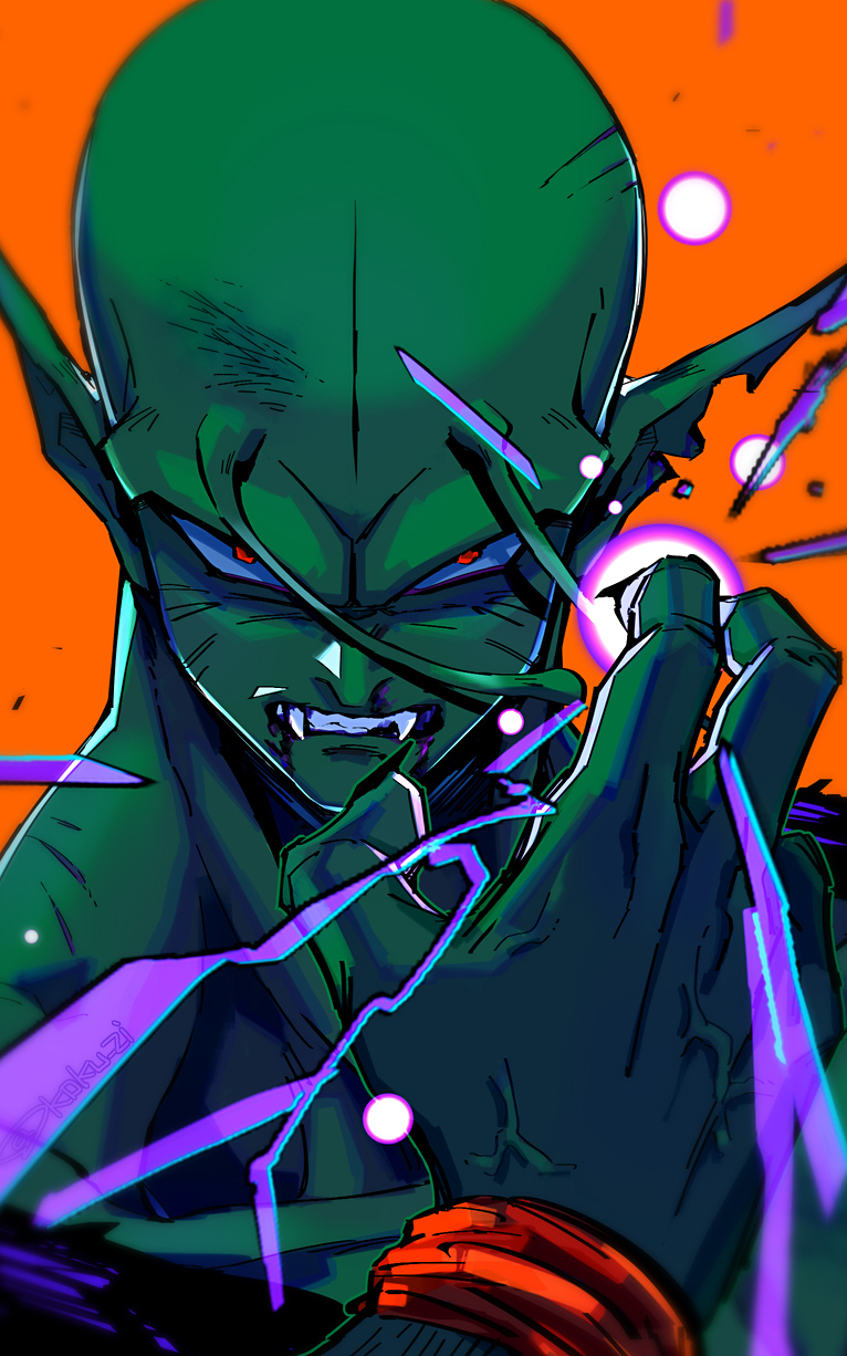 1boy, angry, antennae, colored_skin, dragon_ball, fangs, green_skin, highres