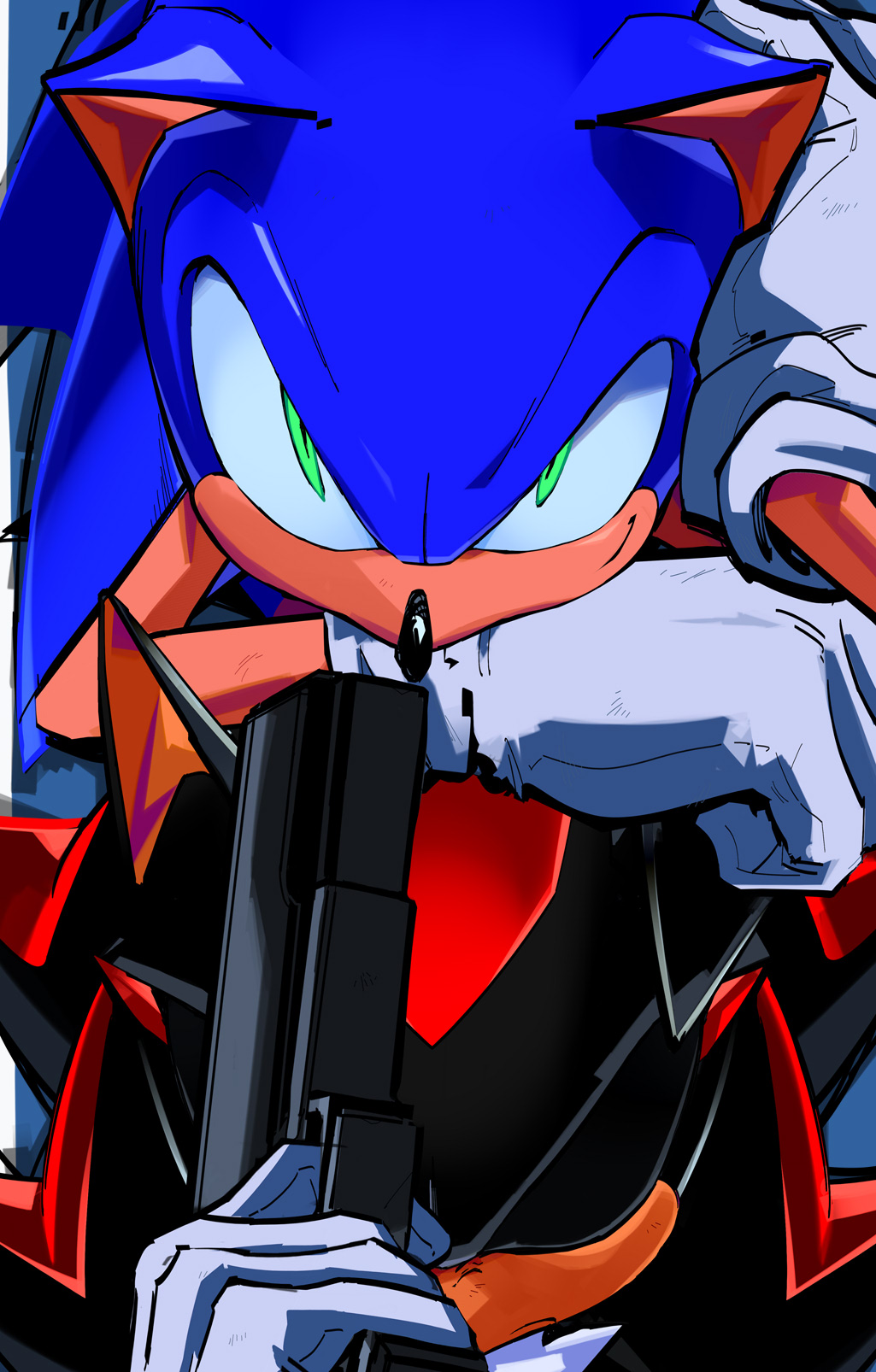 2boys, closed_mouth, furry, furry_male, gloves, green_eyes, gun, handgun