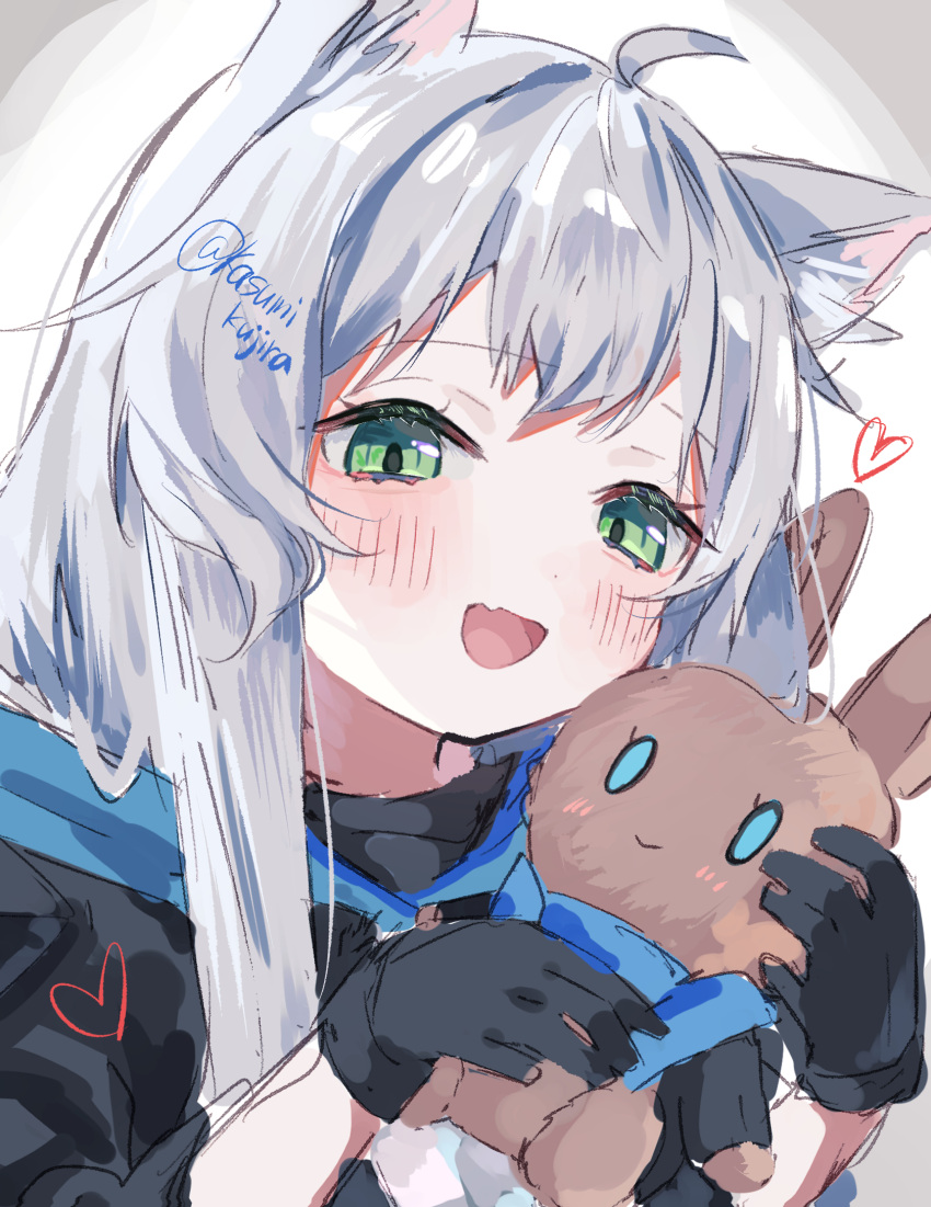 1girl, :d, animal_ears, arknights, artist_name, black_gloves, cat_ears, cat_girl, choshanland_plushy_(arknights), gloves, green_eyes, grey_hair, highres, holding, holding_stuffed_toy, kasumi_kujira, long_hair, open_mouth, rosmontis_(arknights), signature, smile, solo, stuffed_animal, stuffed_rabbit, stuffed_toy, upper_body