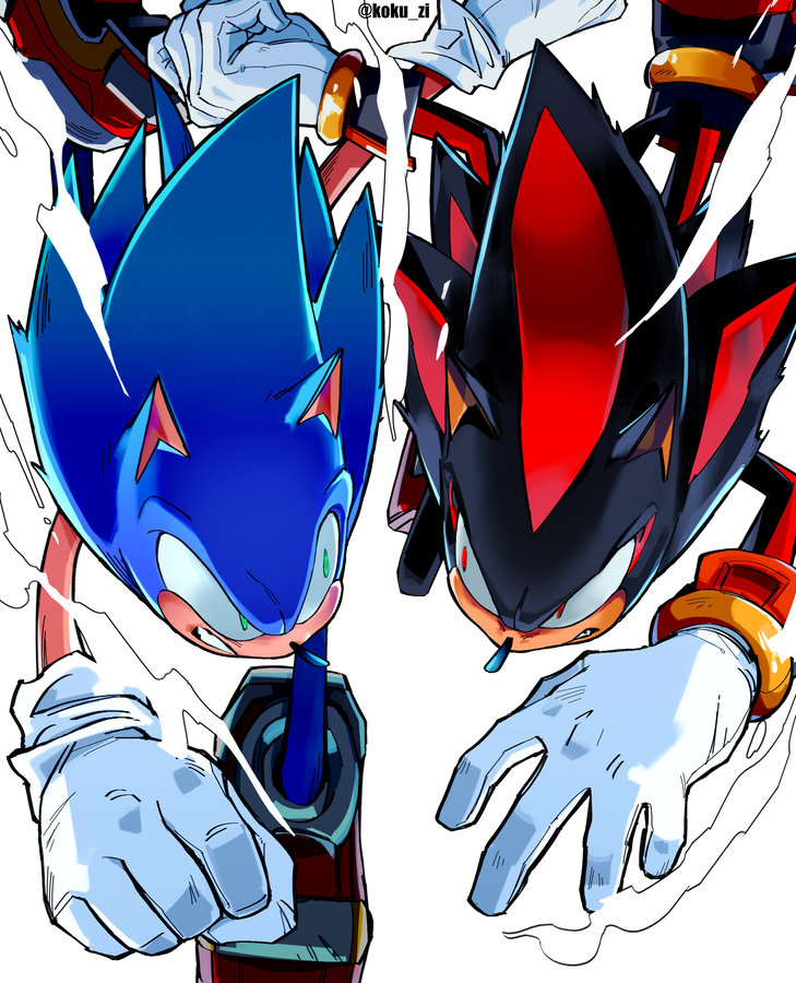 2boys, clenched_teeth, eye_contact, furry, furry_male, gloves, green_eyes, kokusoji, looking_at_another, male_focus, multiple_boys, no_humans, red_eyes, running, shadow_the_hedgehog, shoes, simple_background, sonic_(series), sonic_adventure_2, sonic_the_hedgehog, teeth, twitter_username, white_background, white_gloves