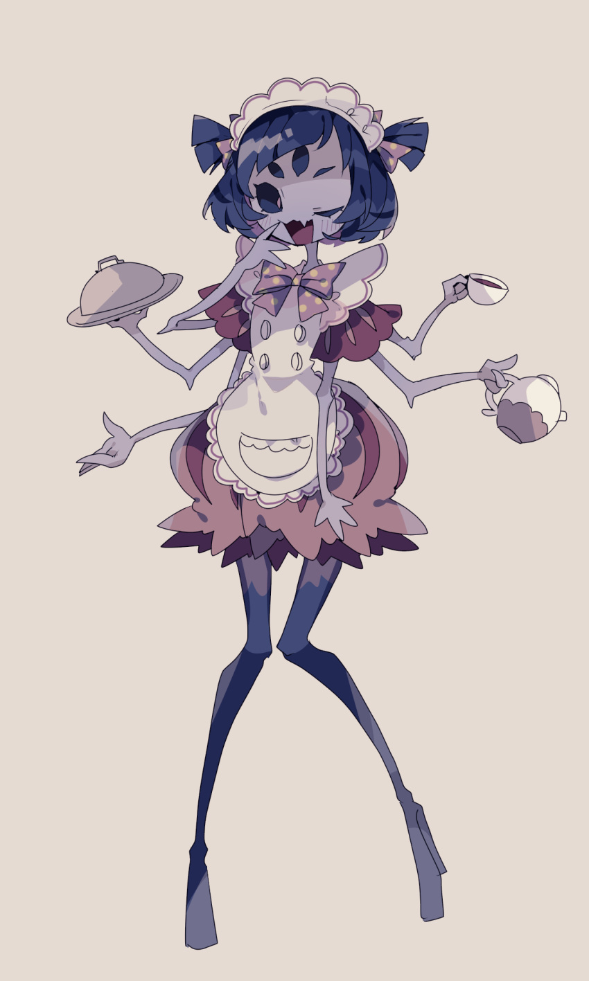 1girl, apron, arthropod_girl, blue_hair, blue_sclera, blunt_bangs, blunt_ends, bow