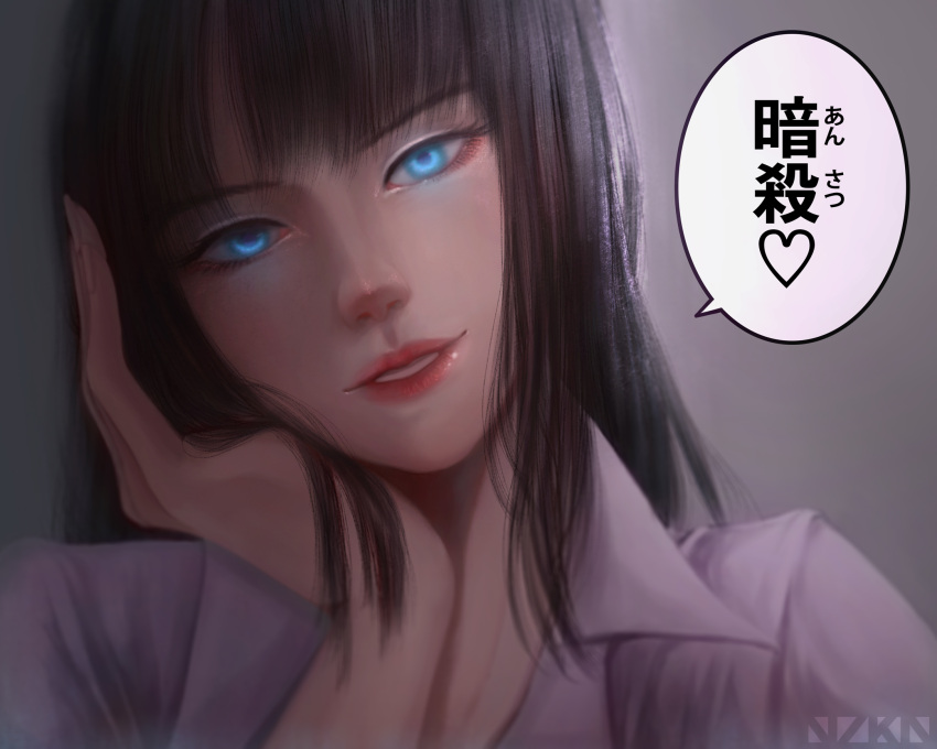 1girl, artist_name, black_hair, blue_eyes, blunt_bangs, commentary, english_commentary, hand_on_own_cheek, hand_on_own_face, heart, highres, lips, lipstick, long_hair, looking_at_viewer, makeup, nico_robin, nzkn, one_piece, red_lips, smile, solo, speech_bubble, teeth, translation_request