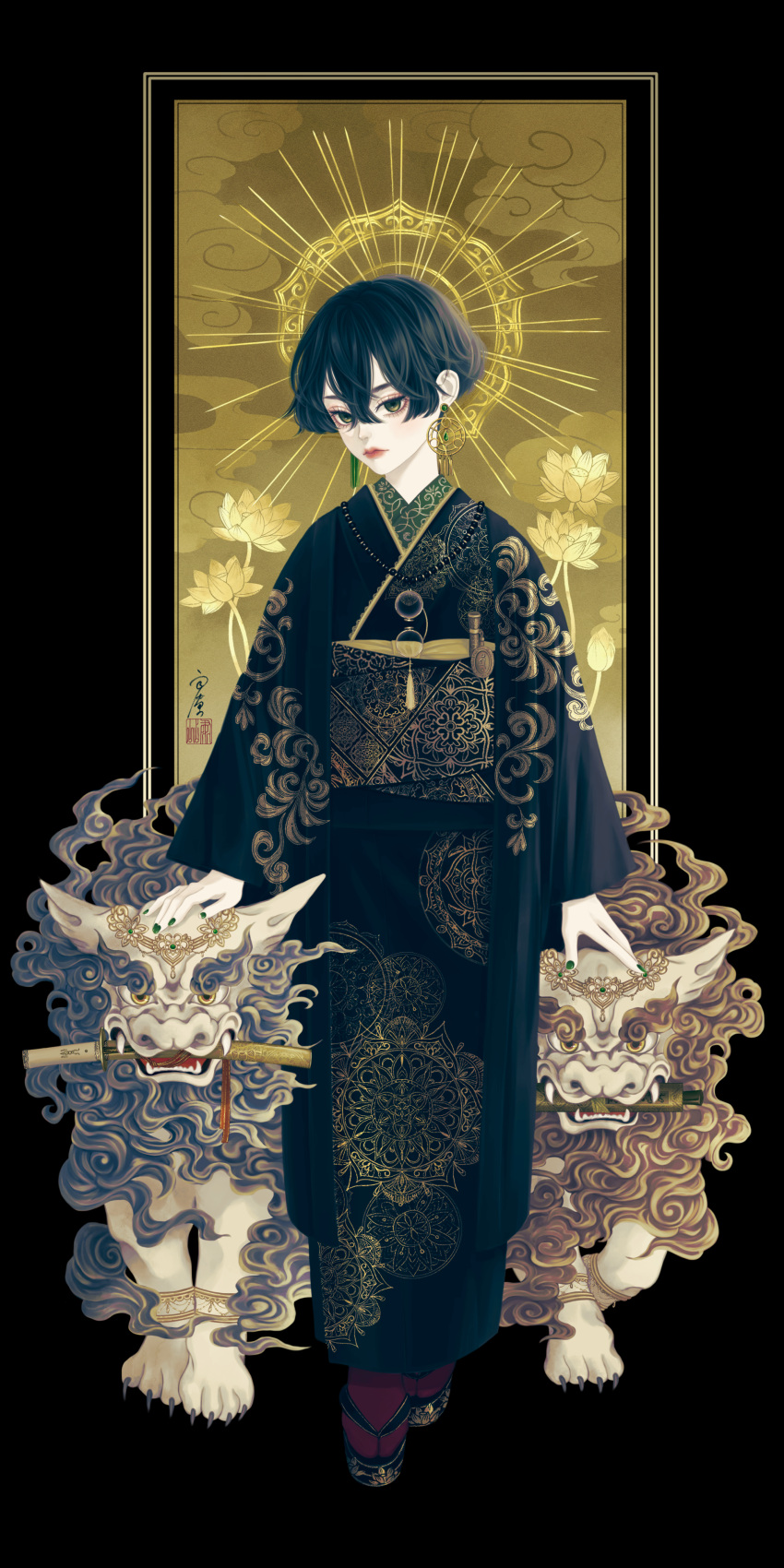 1girl, absurdres, black_background, black_hair, black_kimono, chinese_guardian_lion, closed_mouth, commentary