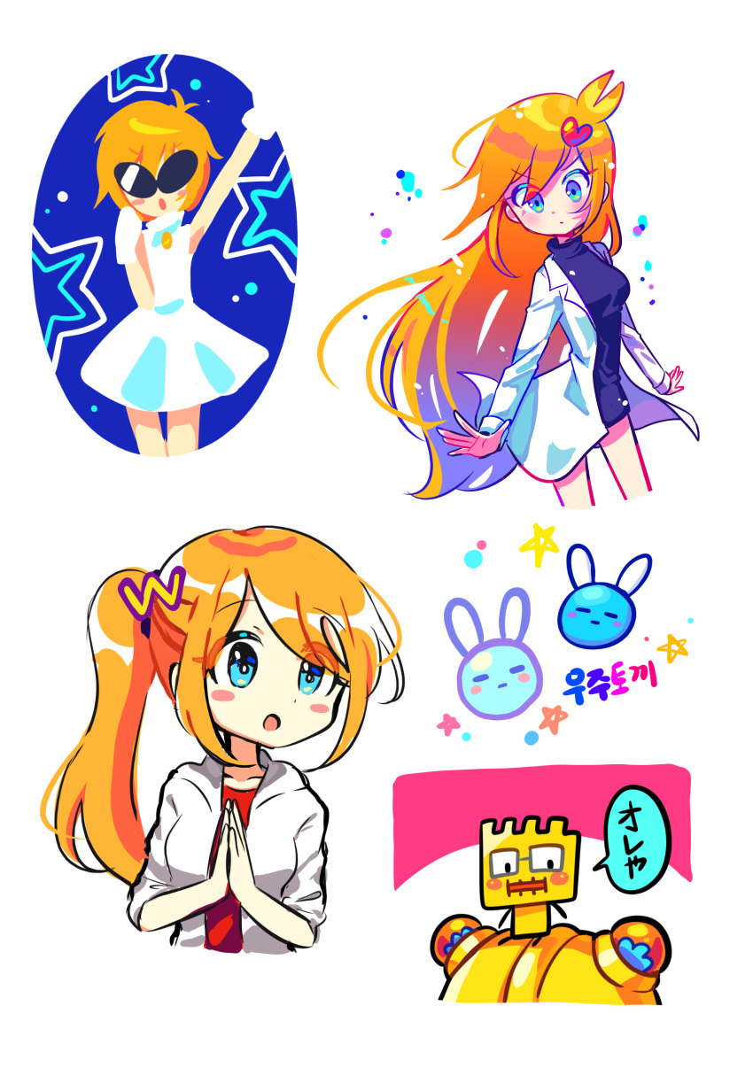 2boys, 3girls, 9-volt, absurdres, alien_bunny_(warioware), arm_up, blue_eyes, dress