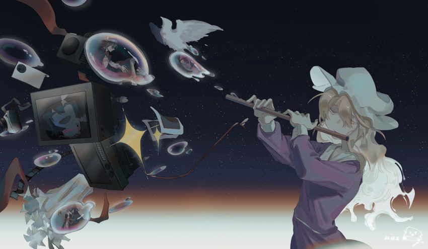1girl, artist_logo, bird, blonde_hair, bouquet, bubble, closed_eyes, dated