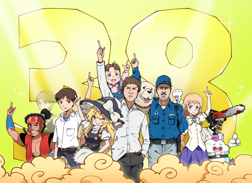 4girls, 5boys, alexander_(fma), apron, baseball_cap, birthday, black_hair, black_headwear