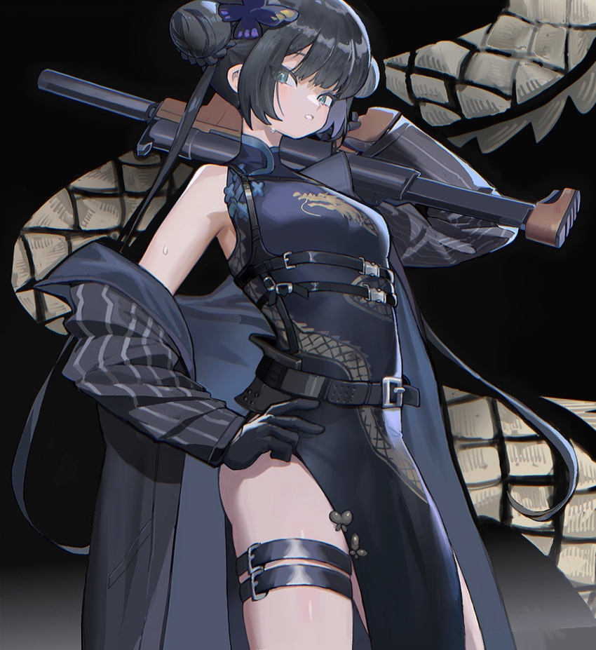 1girl, armpit_crease, belt, belt_buckle, black_belt, black_cape, black_gloves, black_hair