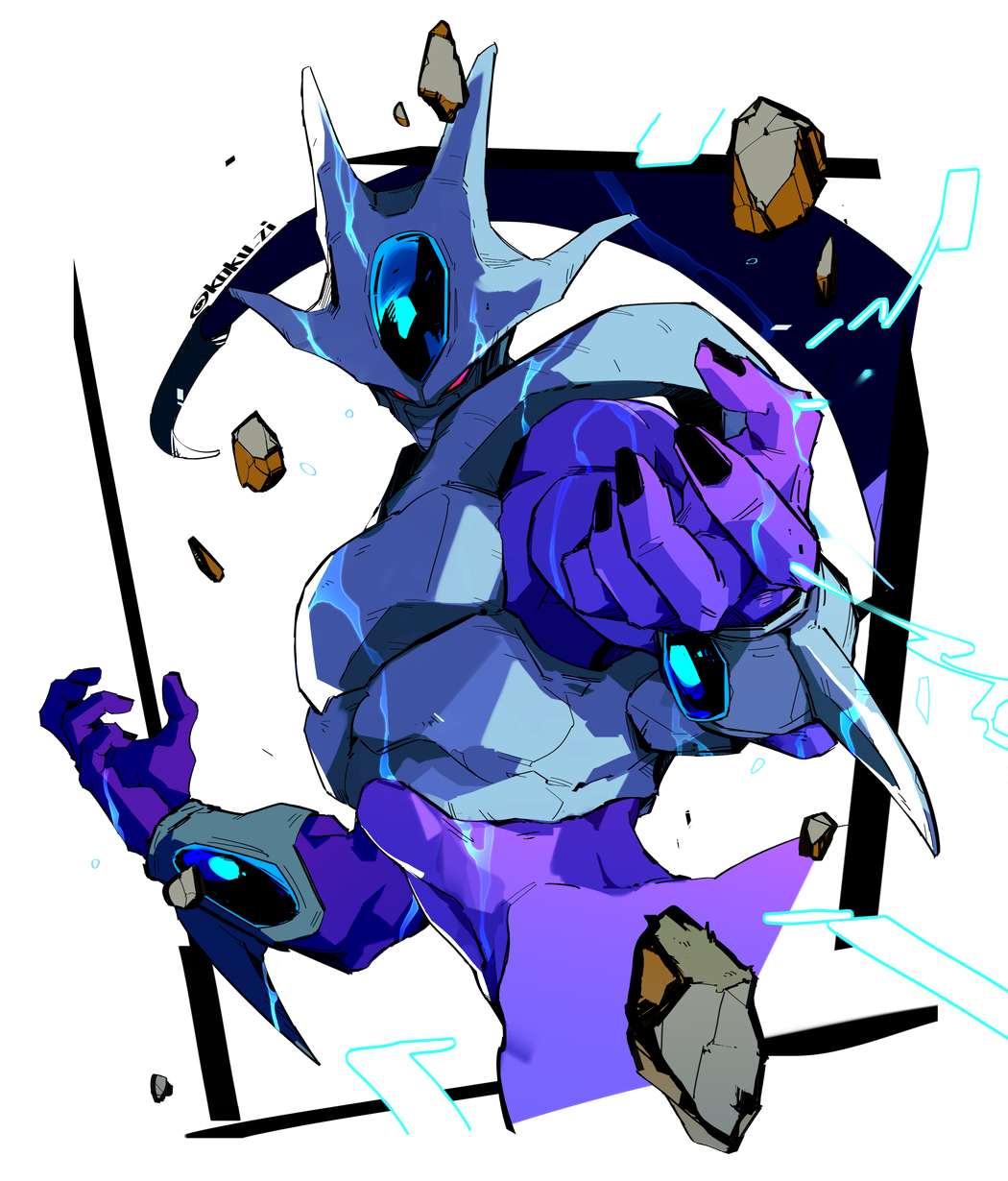 1boy, alien, black_nails, colored_skin, cooler_(dragon_ball), covered_mouth, dragon_ball, dragon_ball_z, energy, fifth_form_(dragon_ball), highres, kokusoji, looking_at_viewer, male_focus, muscular, muscular_male, no_humans, purple_skin, red_eyes, rock, simple_background, solo, twitter_username, white_background