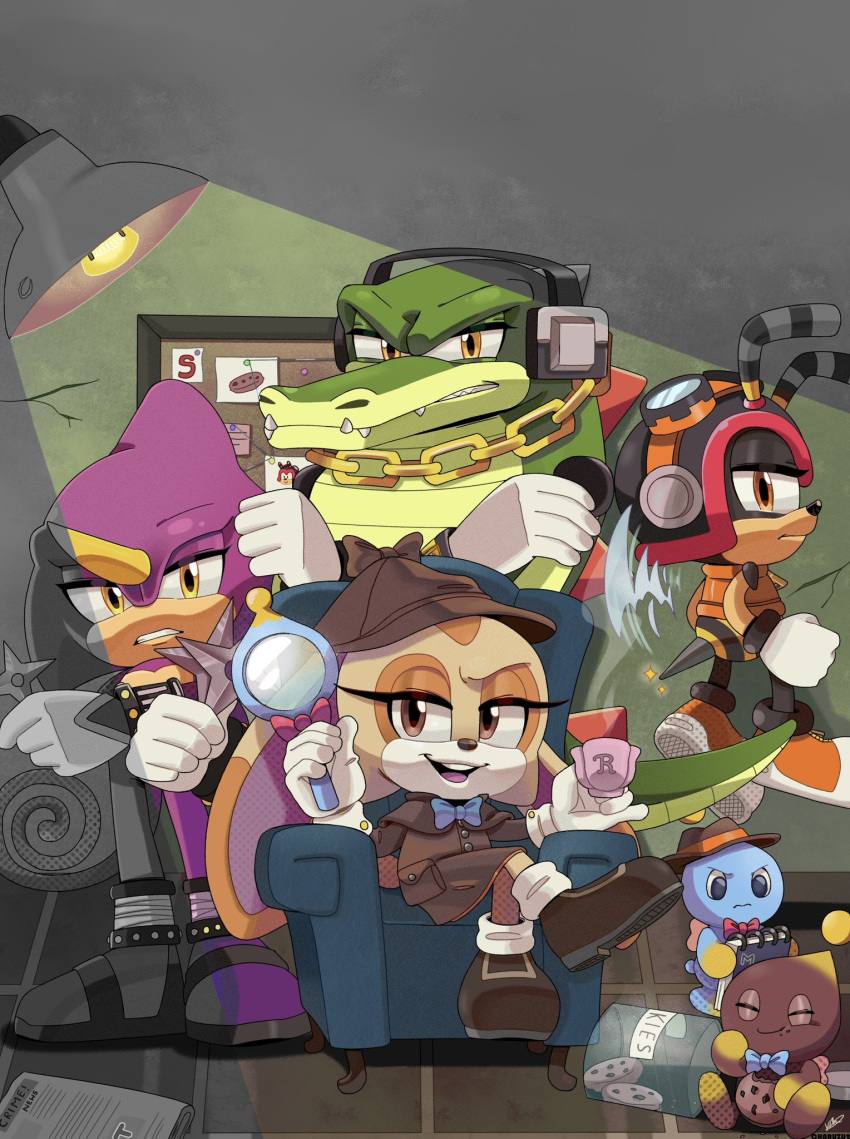 1girl, 2others, 3boys, alternate_costume, antennae, armchair, blue_bow, blue_bowtie