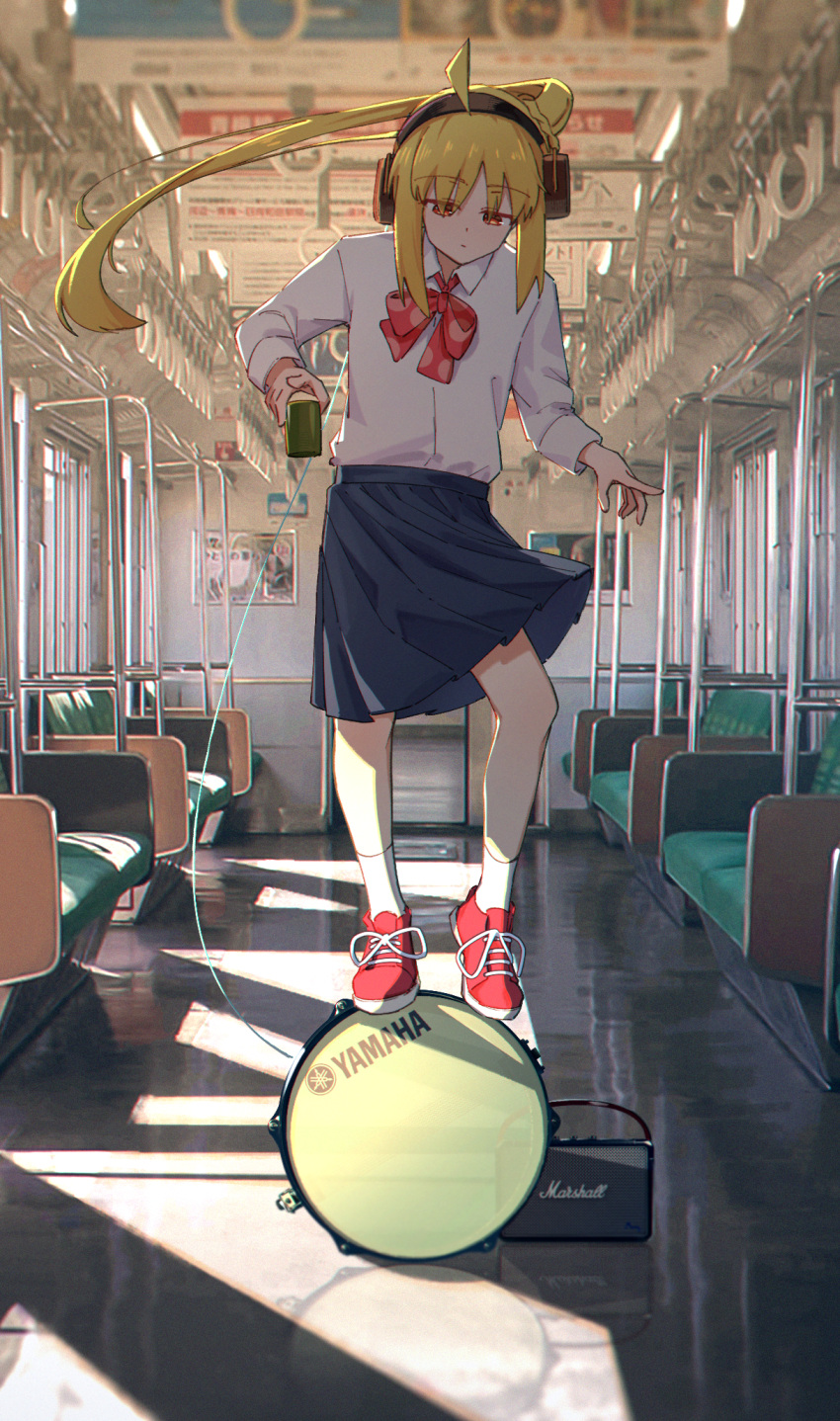 1girl, ahoge, amplifier, balancing, black_skirt, blonde_hair, blurry, blurry_background, bocchi_the_rock!, bow, bowtie, cable, can, collared_shirt, commentary, cup, dancing, drum, english_commentary, expressionless, floating_hair, hand_grip, headphones, highres, holding, holding_can, ijichi_nijika, index_finger_raised, instrument, jl_tan, long_hair, long_sleeves, loose_bowtie, marshall_amplification, parted_bangs, photo_background, pleated_skirt, red_bow, red_bowtie, red_eyes, reflective_floor, shirt, shirt_tucked_in, shoes, side_ponytail, skirt, sneakers, socks, solo, standing_on_object, sunlight, train_interior, white_shirt, white_socks, window, yamaha, yunomi