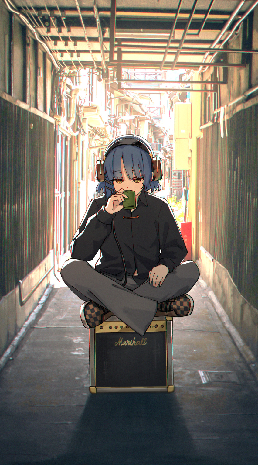 1girl, alley, amplifier, bell-bottoms, black_footwear, black_shirt, blue_hair, bocchi_the_rock!