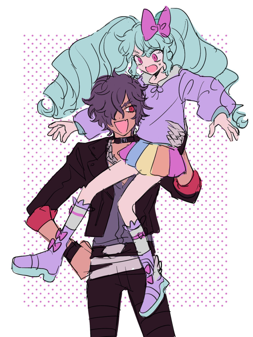 1boy, 1girl, black_jacket, blue_hair, bow, carrying, carrying_person, commentary_request, dark-skinned_male, dark_skin, drill_hair, full_body, grey_shirt, hair_bow, hair_over_one_eye, hand_on_own_hip, hand_up, highres, hood, hood_down, hoodie, idol_land_pripara, jacket, katasumi_amari, long_hair, long_sleeves, mario_(pripara), open_mouth, parimi_(tobari), pink_bow, pink_eyes, pretty_series, pripara, purple_hoodie, rainbow_skirt, red_eyes, shirt, short_hair, sitting_on_shoulder, smile, standing, surprised, twin_drills, twintails, very_long_hair