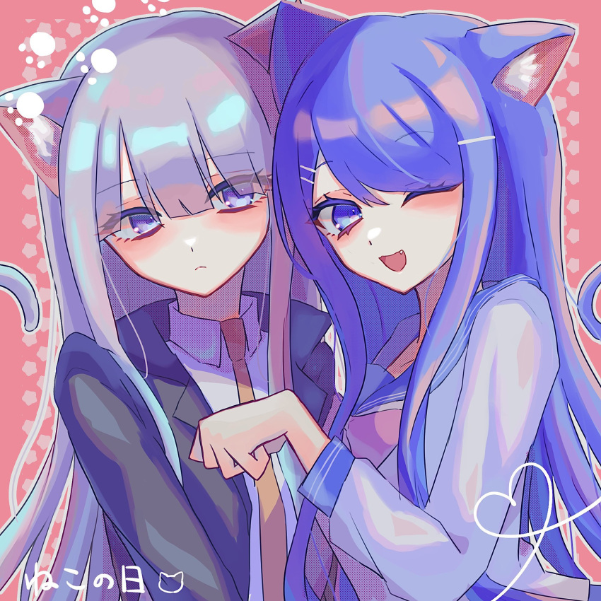 2girls, ;d, animal_ears, black_jacket, blue_hair, blue_sailor_collar, cat_day, cat_ears
