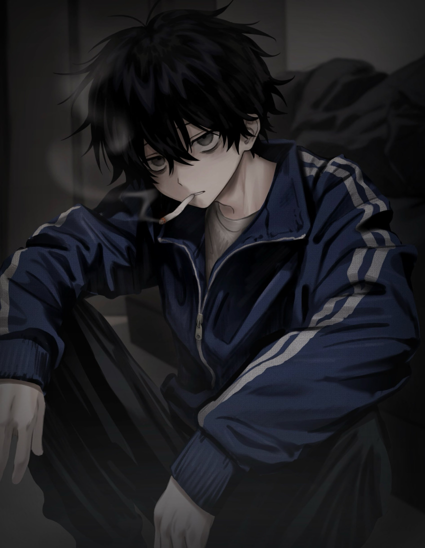 1boy, absurdres, bags_under_eyes, black_hair, black_pants, blue_jacket, cigarette, grey_eyes, hair_between_eyes, highres, imai_akira, jacket, long_sleeves, looking_at_viewer, male_focus, mouth_hold, original, pants, shirt, sitting, smoke, smoking, solo, track_jacket, zipper