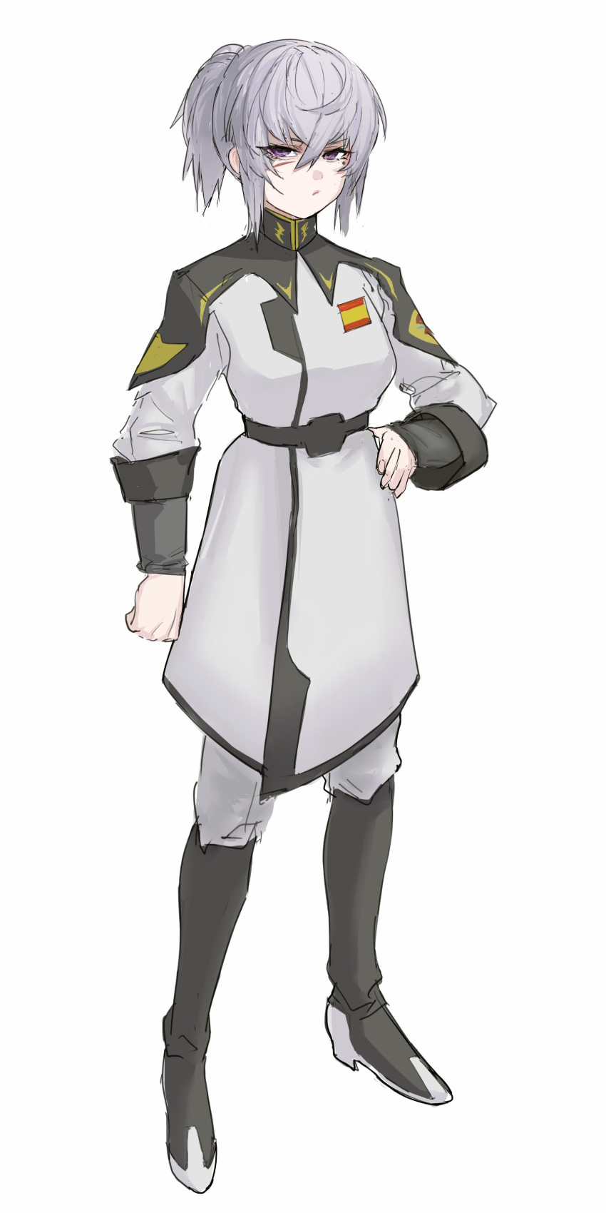 absurdres, alma01, belt, black_eyeliner, black_footwear, blue_eyes, boots, coat, collared_shirt, expressionless, eyelashes, eyeliner, grey_coat, grey_hair, grey_shirt, gundam, gundam_seed, hair_between_eyes, highres, long_hair, long_sleeves, makeup, messy_hair, military_uniform, original, ponytail, scar, scar_on_face, shirt, uniform, zaft_uniform