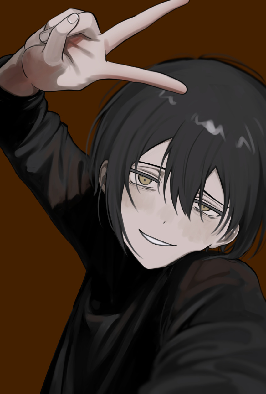 1boy, akanei6no_sora, arm_up, black_hair, black_shirt, brown_background, brown_eyes, grin, hair_between_eyes, highres, italian_commentary, long_sleeves, looking_at_viewer, male_focus, original, shirt, simple_background, smile, solo, upper_body, v