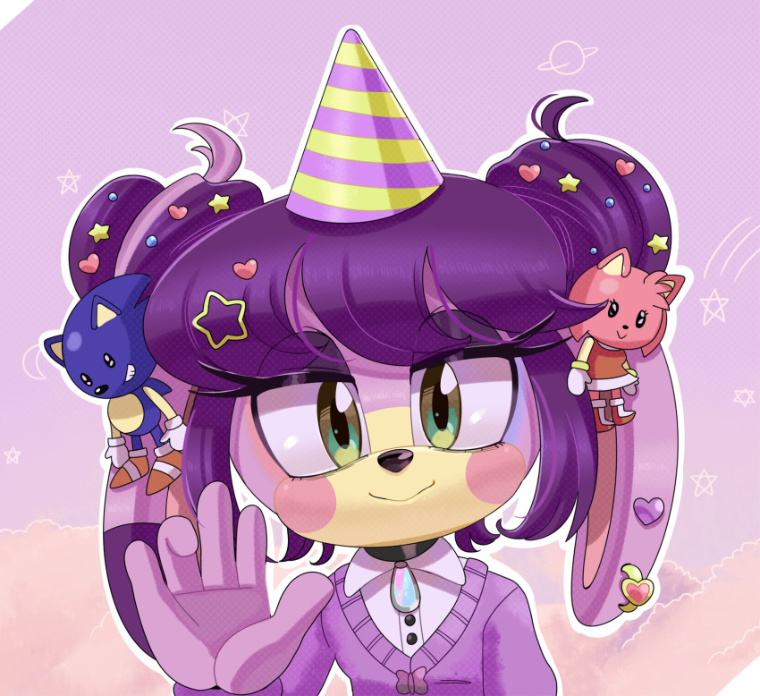 1girl, amy_rose, animal_ears, blush_stickers, character_hair_ornament, charu_the_dog, charuzu2712, collared_shirt, double_bun, furry, furry_female, green_eyes, hair_bun, hair_ornament, hat, heart, highres, looking_at_viewer, medium_hair, original, party_hat, purple_hair, purple_headwear, purple_shirt, purple_sweater, shirt, solo, sonic_(series), sonic_the_hedgehog, star_(symbol), striped_clothes, striped_headwear, sweater, two-tone_headwear, upper_body, yellow_headwear