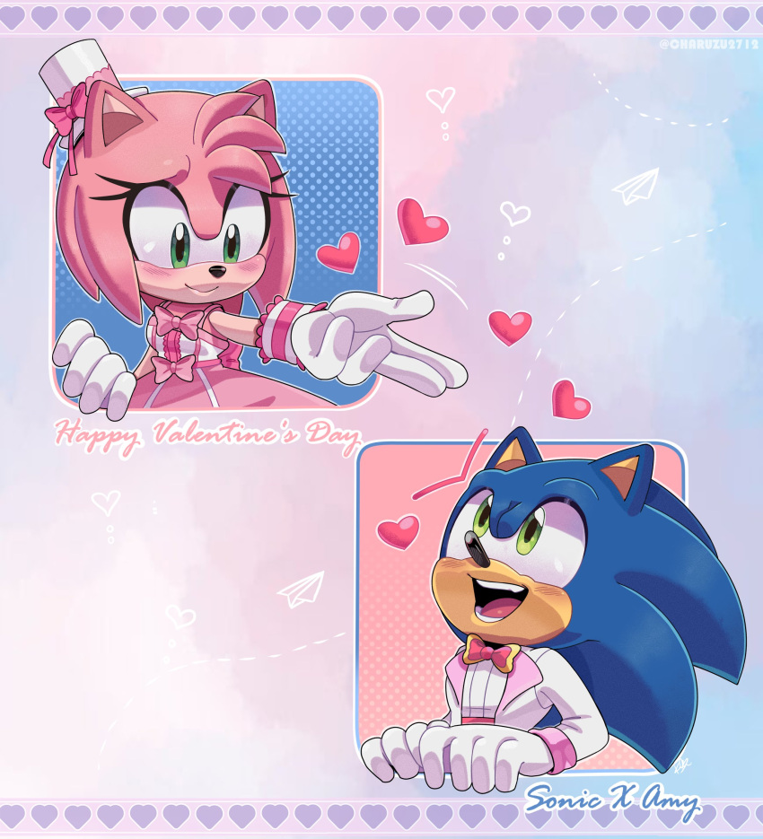 1boy, 1girl, absurdres, alternate_costume, amy_rose, animal_ears, blue_fur, blush