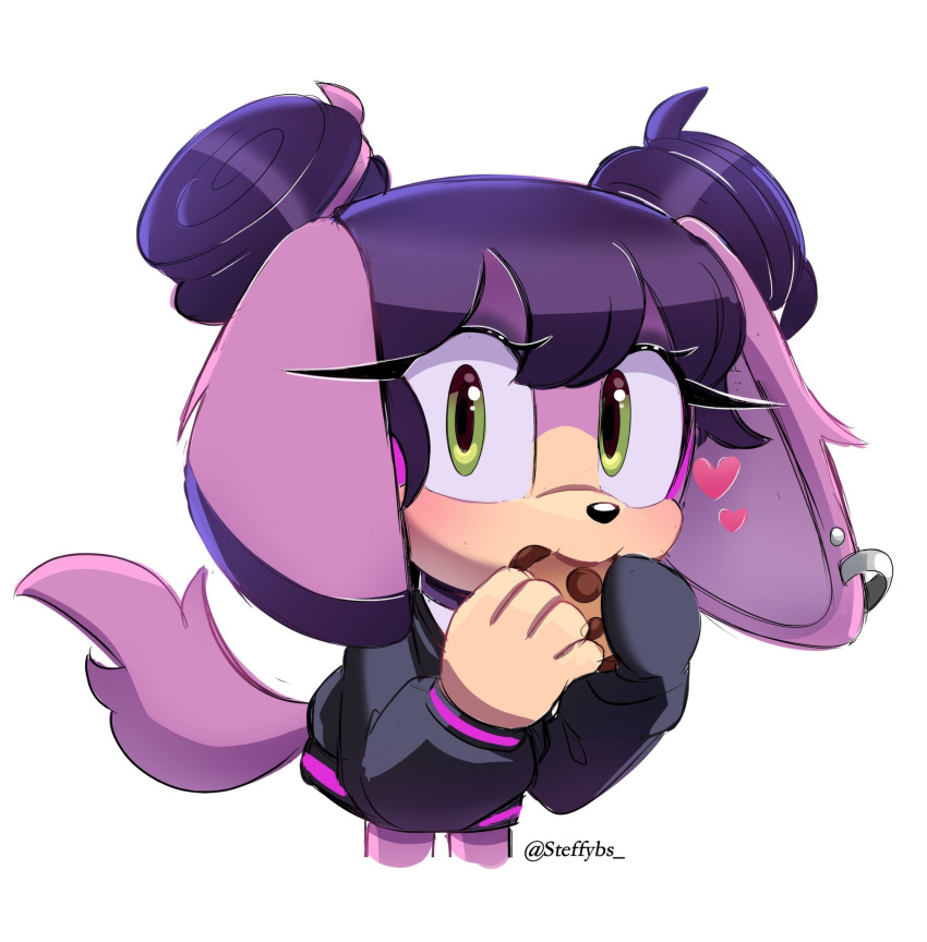 1girl, animal_ear_piercing, animal_ears, artist_name, black_jacket, charu_the_dog, chocolate_chip_cookie, cookie